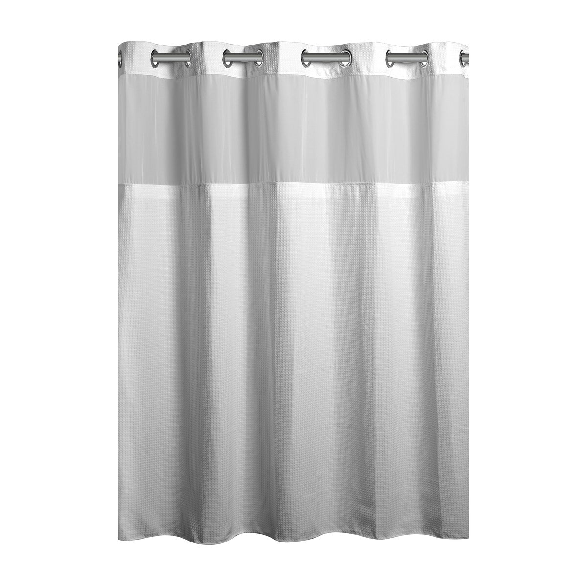Rideau de douche gaufré 3 en 1 sans crochets avec fenêtre supérieure transparente, anneaux flexibles et doublure en tissu