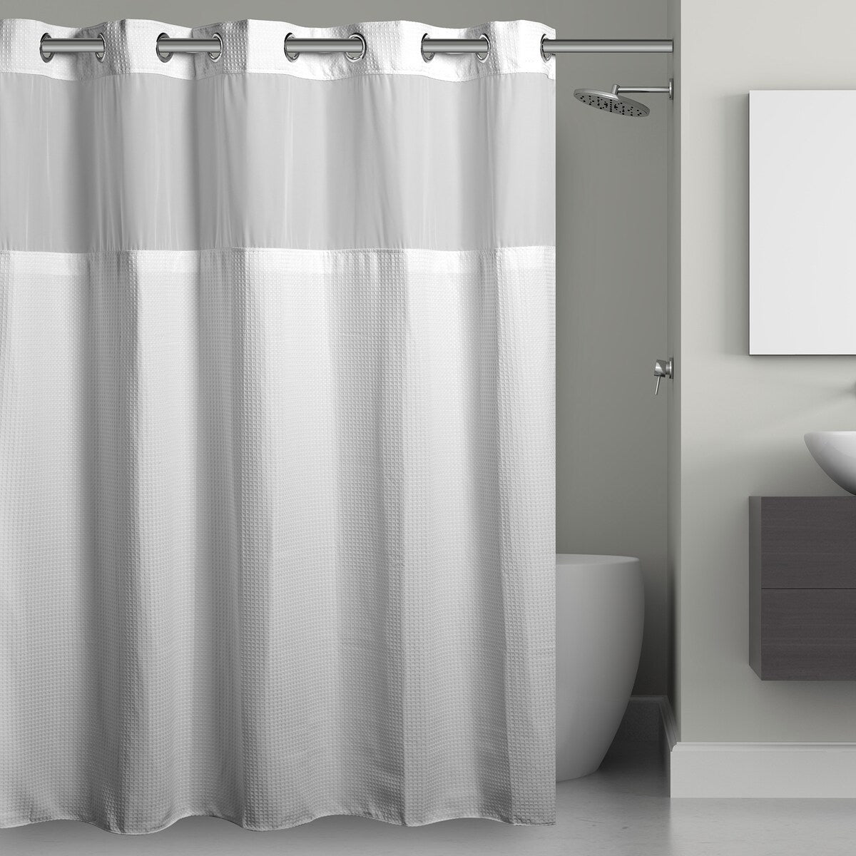 Rideau de douche gaufré 3 en 1 sans crochets avec fenêtre supérieure transparente, anneaux flexibles et doublure en tissu