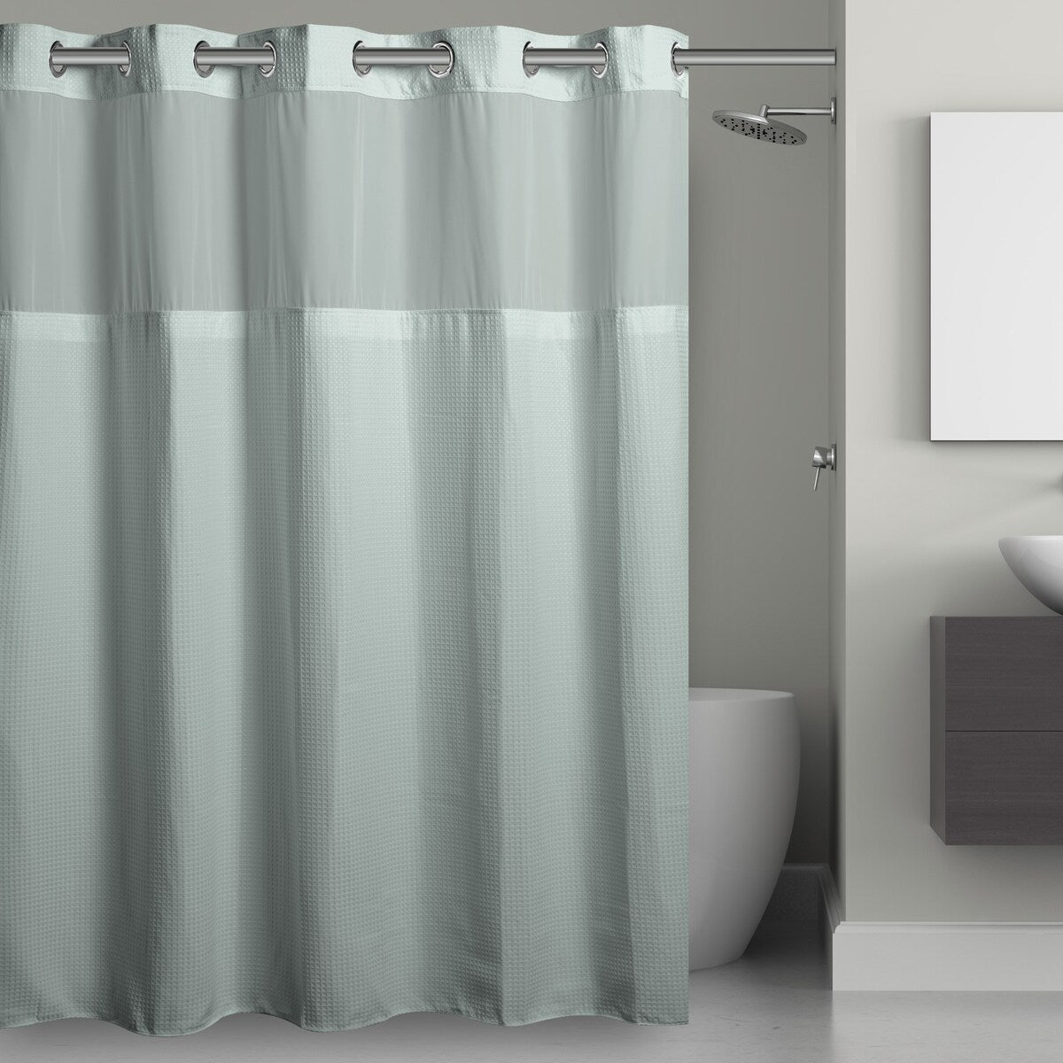 Rideau de douche gaufré 3 en 1 sans crochets avec fenêtre supérieure transparente, anneaux flexibles et doublure en tissu