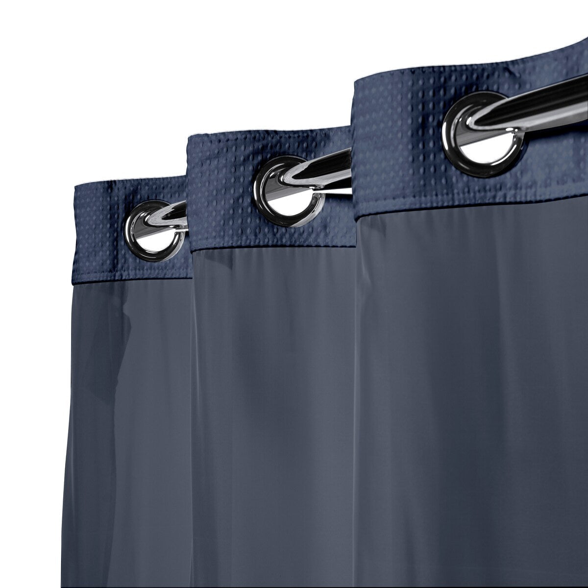 Rideau de douche gaufré 3 en 1 sans crochets avec fenêtre supérieure transparente, anneaux flexibles et doublure en tissu