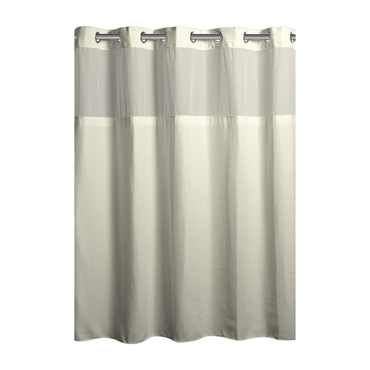 Rideau de douche gaufré 3 en 1 sans crochets avec fenêtre supérieure transparente, anneaux flexibles et doublure en tissu