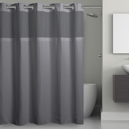 Rideau de douche gaufré 3 en 1 sans crochets avec fenêtre supérieure transparente, anneaux flexibles et doublure en tissu