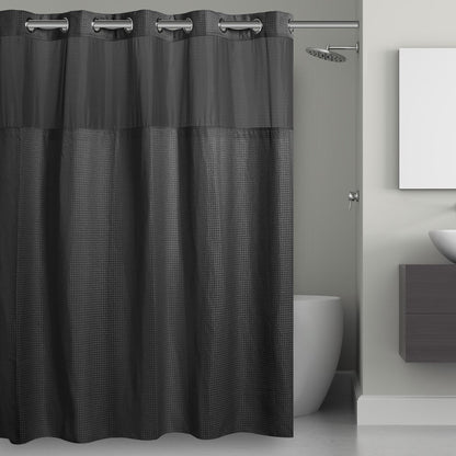 Rideau de douche gaufré 3 en 1 sans crochets avec fenêtre supérieure transparente, anneaux flexibles et doublure en tissu