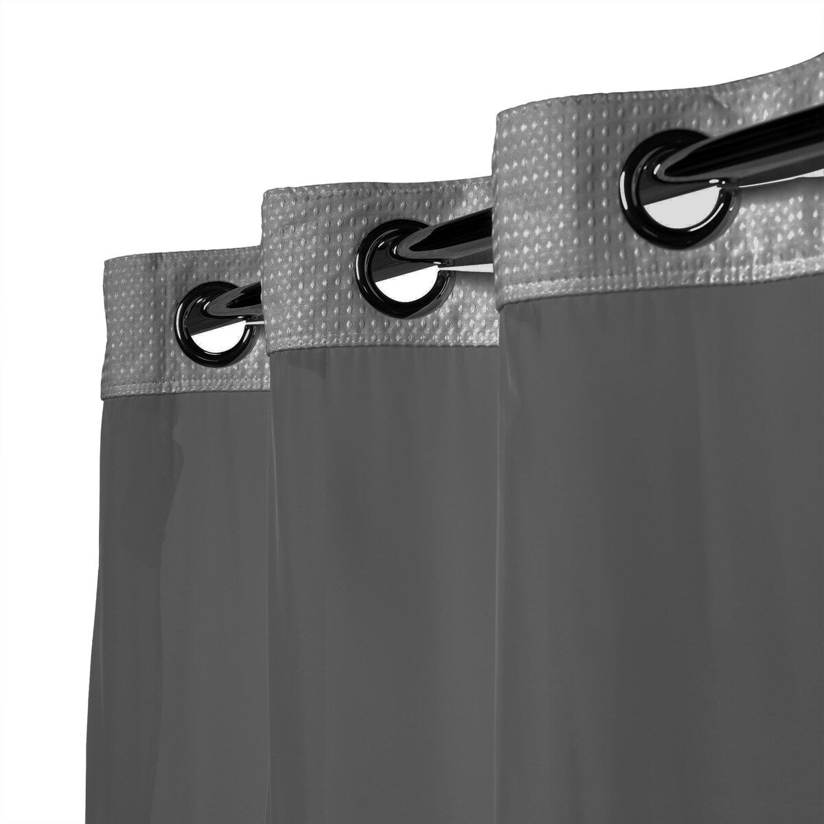 Rideau de douche gaufré 3 en 1 sans crochets avec fenêtre supérieure transparente, anneaux flexibles et doublure en tissu