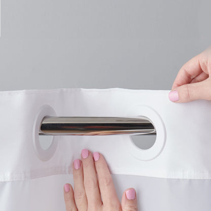 Rideau de douche gaufré 3 en 1 sans crochets avec fenêtre supérieure transparente, anneaux flexibles et doublure en tissu
