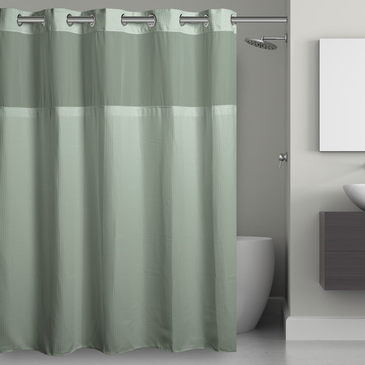 Rideau de douche gaufré 3 en 1 sans crochets avec fenêtre supérieure transparente, anneaux flexibles et doublure en tissu
