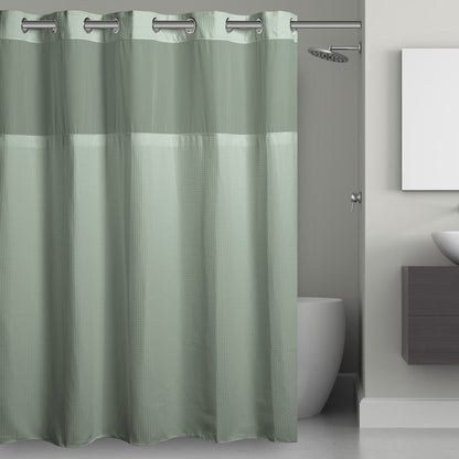 Rideau de douche gaufré 3 en 1 sans crochets avec fenêtre supérieure transparente, anneaux flexibles et doublure en tissu