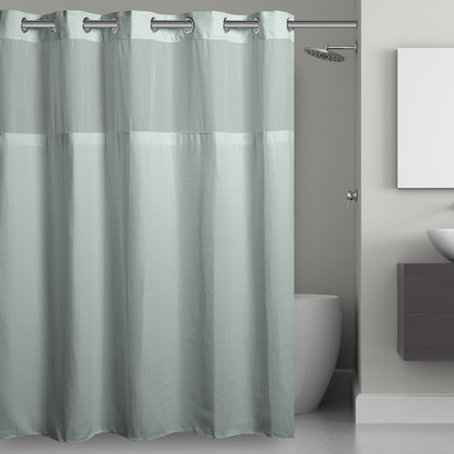 Rideau de douche gaufré 3 en 1 sans crochets avec fenêtre supérieure transparente, anneaux flexibles et doublure en tissu