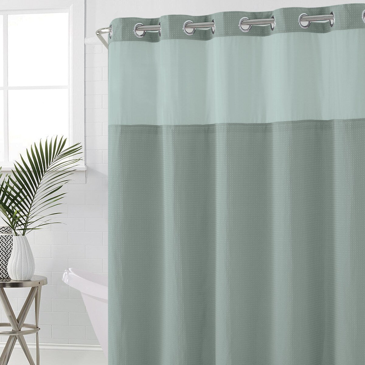 Rideau de douche gaufré 3 en 1 sans crochets avec fenêtre supérieure transparente, anneaux flexibles et doublure en tissu
