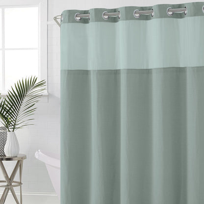 Rideau de douche gaufré 3 en 1 sans crochets avec fenêtre supérieure transparente, anneaux flexibles et doublure en tissu