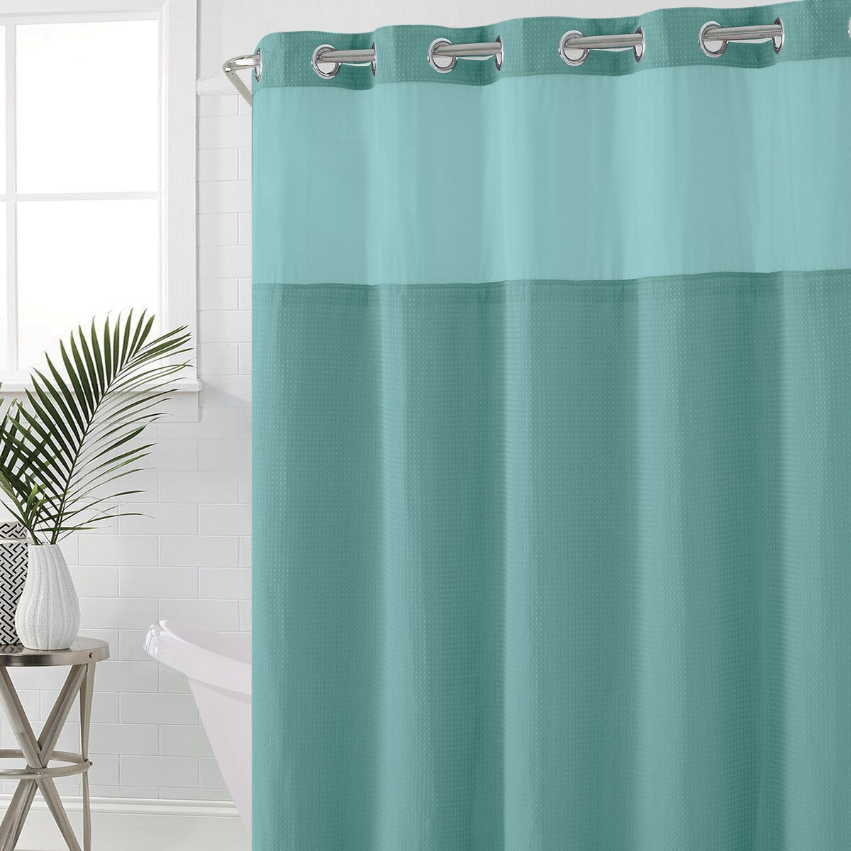 Rideau de douche gaufré 3 en 1 sans crochets avec fenêtre supérieure transparente, anneaux flexibles et doublure en tissu