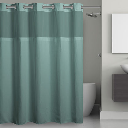 Rideau de douche gaufré 3 en 1 sans crochets avec fenêtre supérieure transparente, anneaux flexibles et doublure en tissu