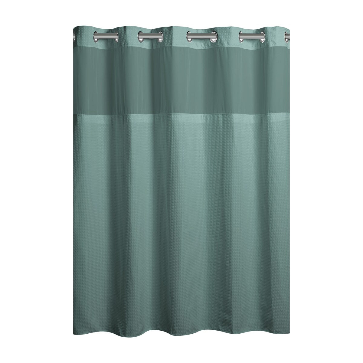 Rideau de douche gaufré 3 en 1 sans crochets avec fenêtre supérieure transparente, anneaux flexibles et doublure en tissu