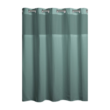 Rideau de douche gaufré 3 en 1 sans crochets avec fenêtre supérieure transparente, anneaux flexibles et doublure en tissu