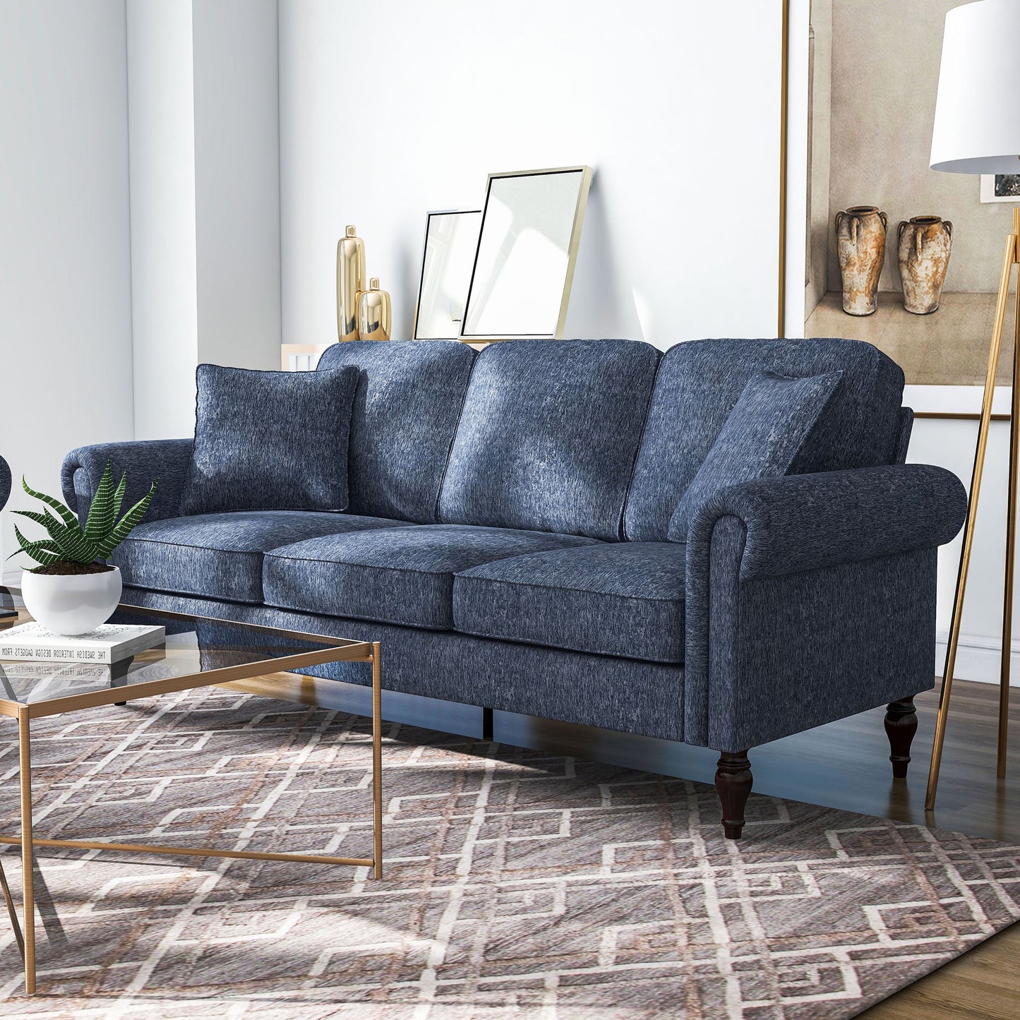 Canapé traditionnel Igny en chenille avec accoudoirs roulés et rembourré par Furniture of America