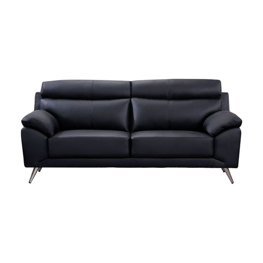 Canapé Justin, cuir pleine fleur noir, coussins en mousse, pieds en acier, 80 pouces