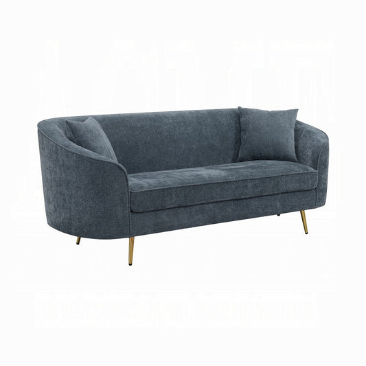 Canapé Kenny, 2 coussins, chenille bleu cobalt, pieds en métal doré, 195 cm