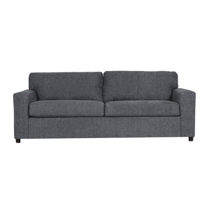 Canapé Kiono, coussins en polyester gris doux, bois massif noir, 215 cm