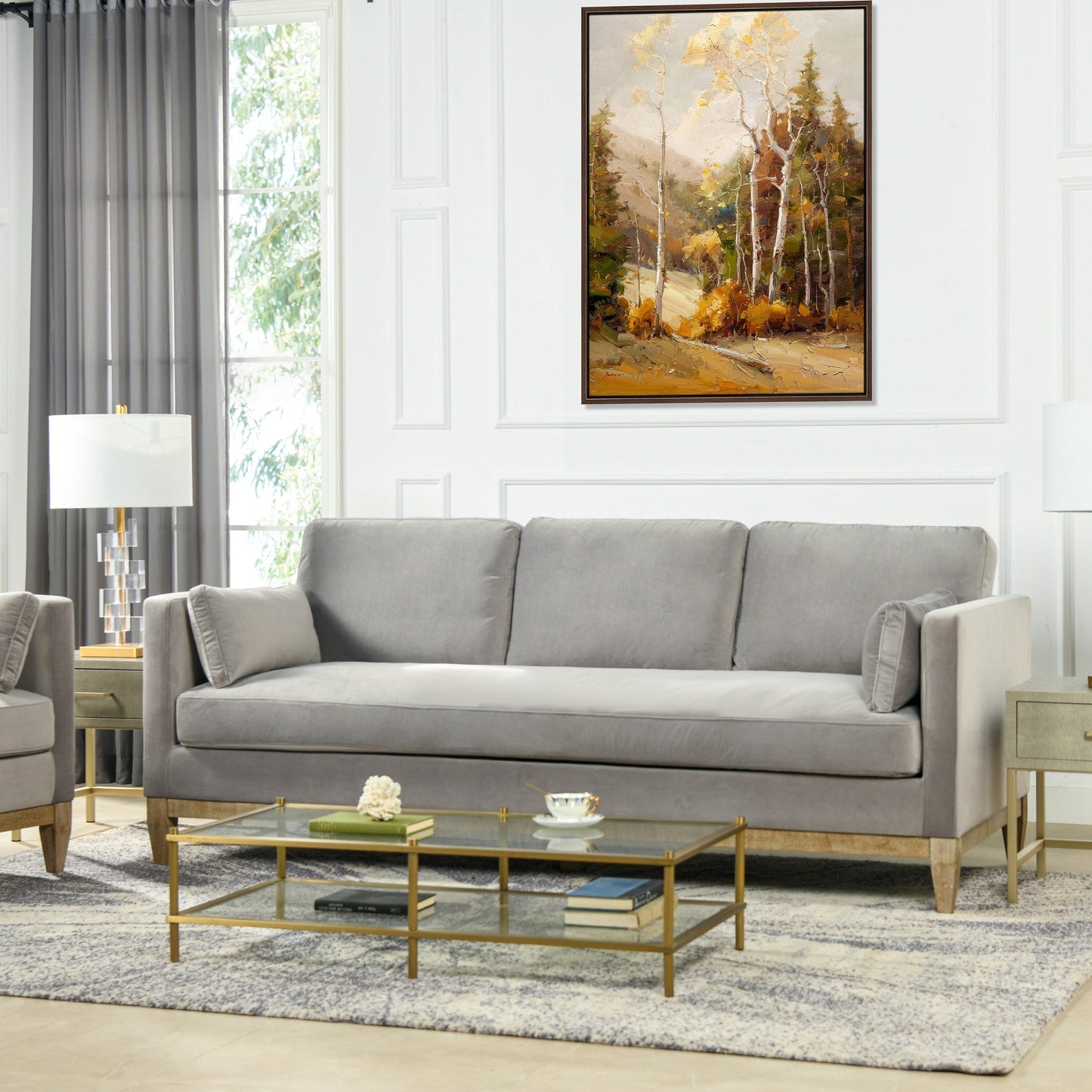 Canapé Knox 84 Modern Farmhouse en velours avec accoudoirs droits