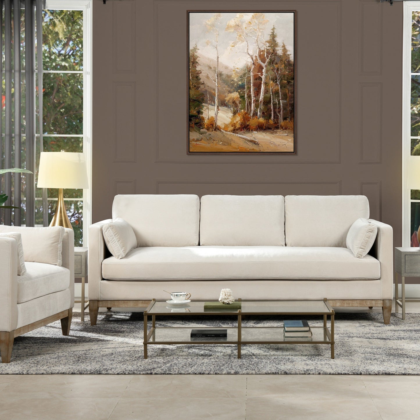 Canapé Knox 84 Modern Farmhouse en velours avec accoudoirs droits