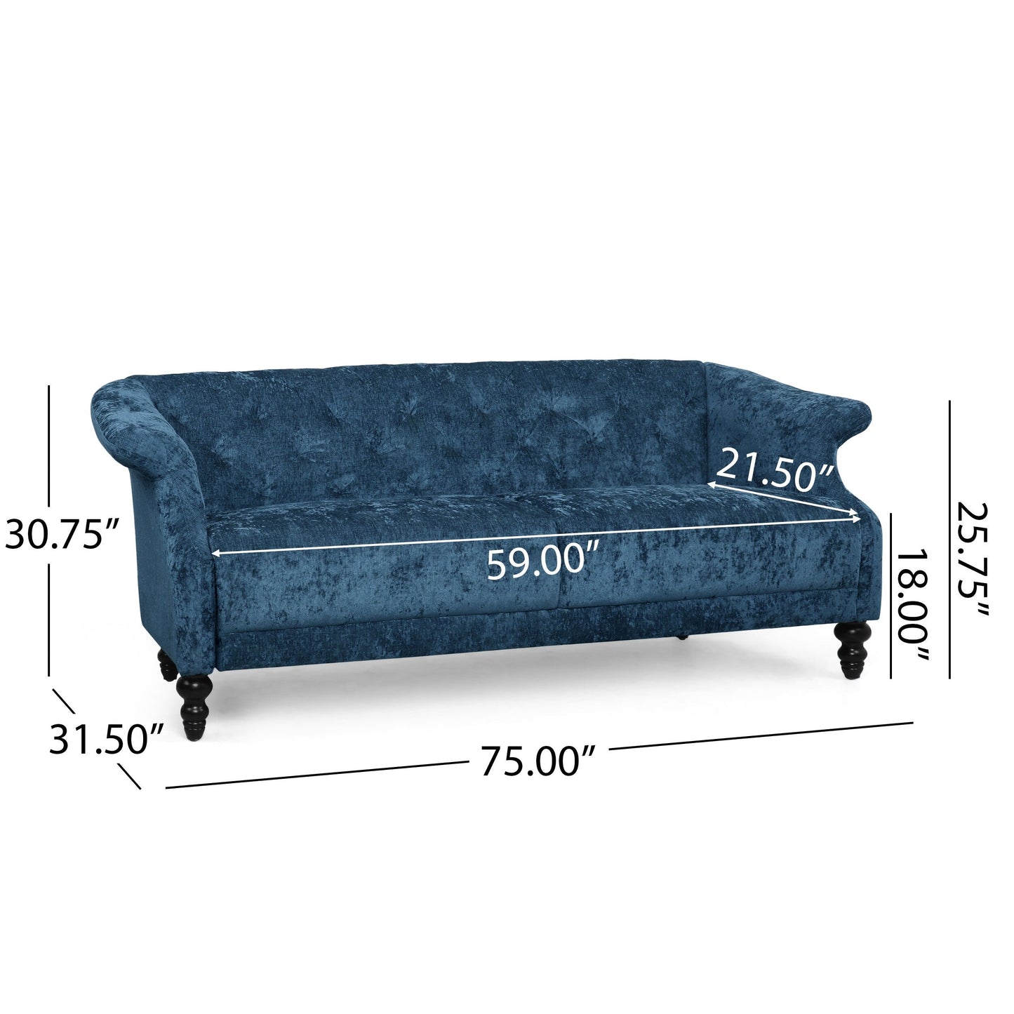 Canapé Kyle, 75 pouces, pieds en bois tourné classique, capitonné bleu clair