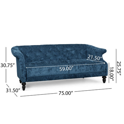 Canapé Kyle, 75 pouces, pieds en bois tourné classique, capitonné bleu clair