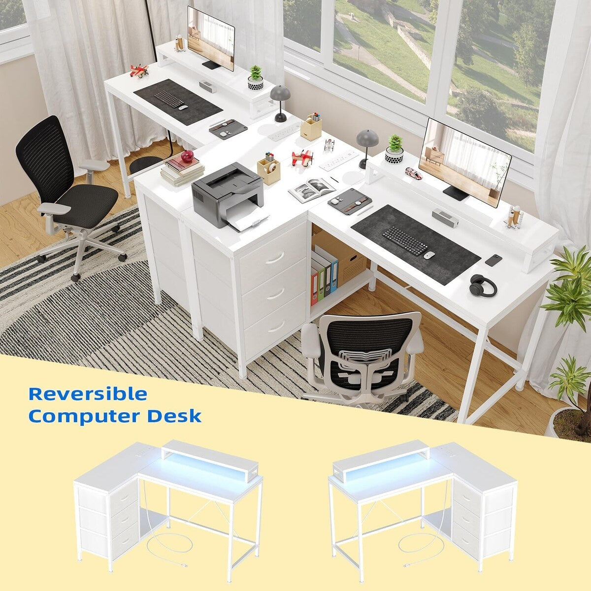 L Shaped Desk with Power Outlets & LED Lights