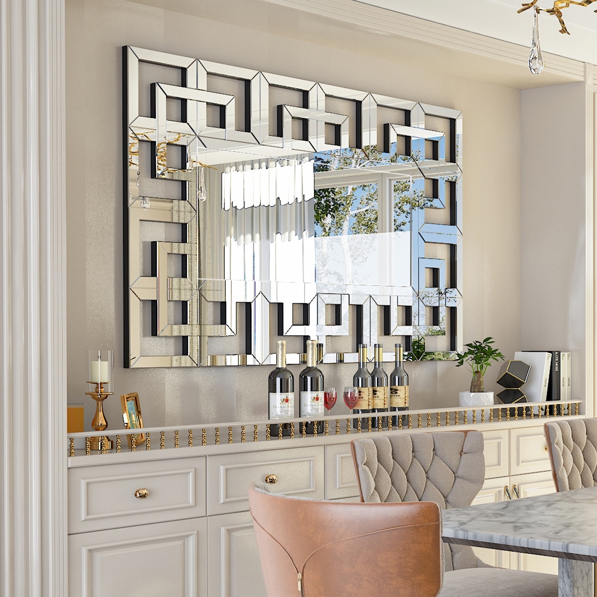 Grand miroir mural décoratif avec cadre géométrique argenté