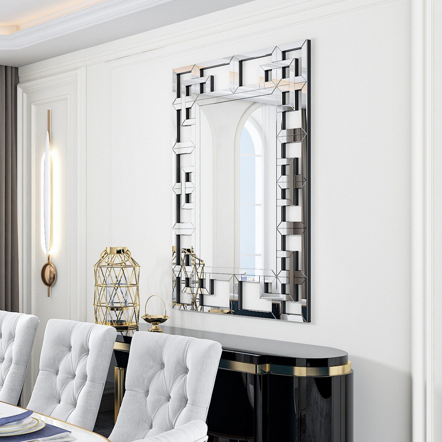 Grand miroir mural décoratif avec cadre géométrique argenté