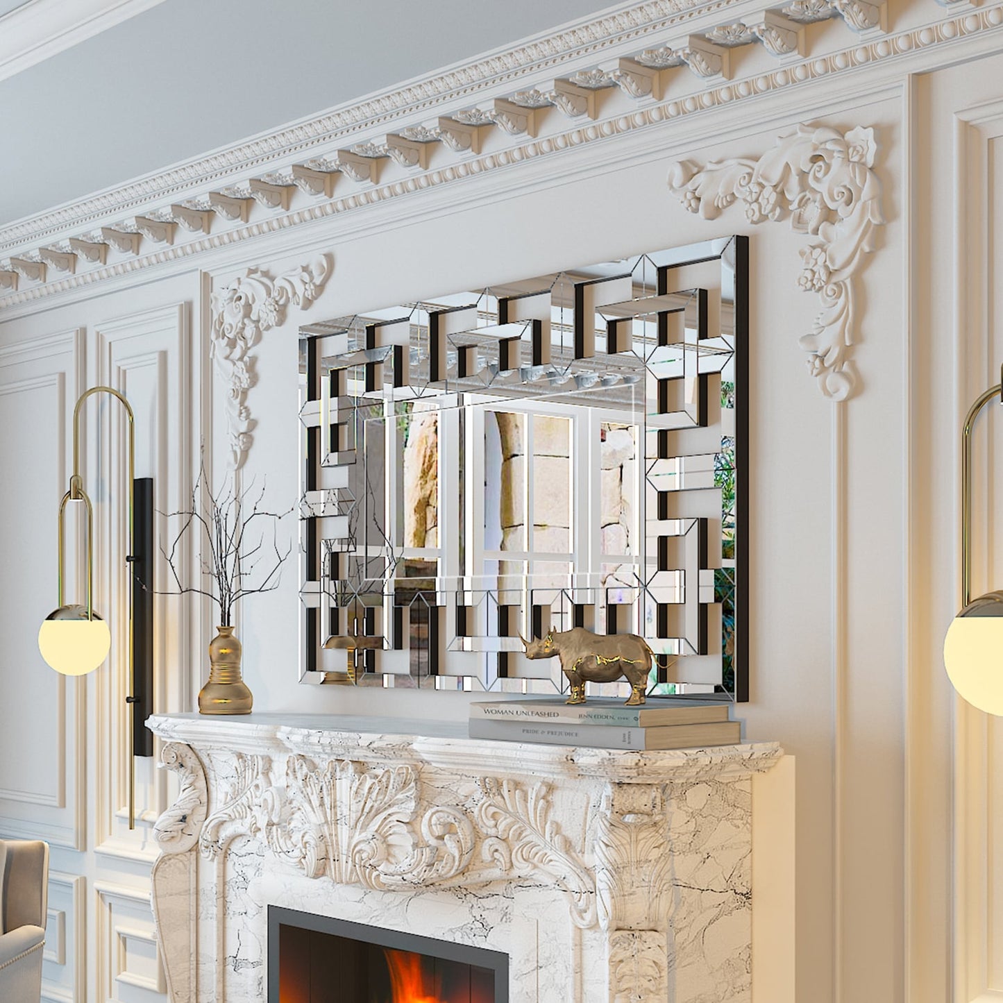 Grand miroir mural décoratif avec cadre géométrique argenté