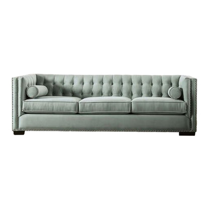 Canapé Leone, capitonné bleu sarcelle, 2 coussins traversins, clous décoratifs, 236 cm