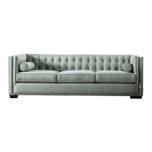 Canapé Leone, capitonné bleu sarcelle, 2 coussins traversins, clous décoratifs, 236 cm