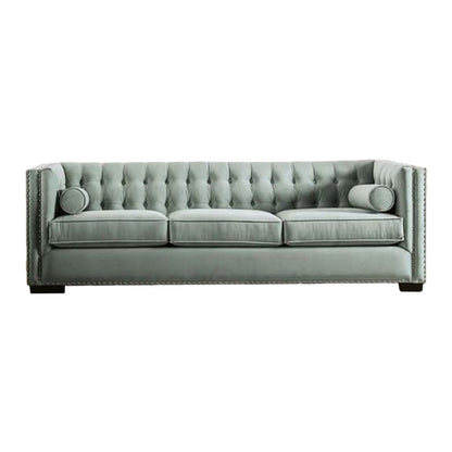 Canapé Leone, capitonné bleu sarcelle, 2 coussins traversins, clous décoratifs, 236 cm