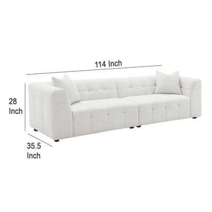 Canapé Lopo de 299 cm de long, tissu blanc cassé capitonné quadrillé, 2 coussins décoratifs
