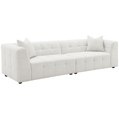 Canapé Lopo de 299 cm de long, tissu blanc cassé capitonné quadrillé, 2 coussins décoratifs