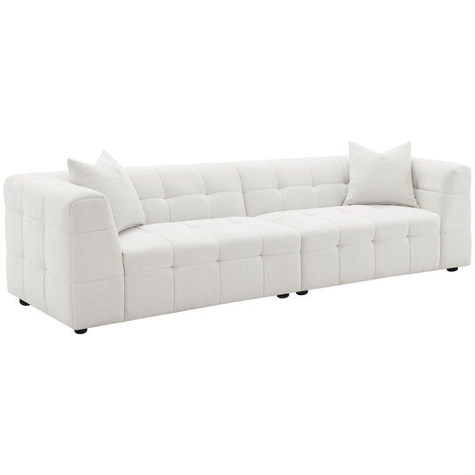 Canapé Lopo de 299 cm de long, tissu blanc cassé capitonné quadrillé, 2 coussins décoratifs