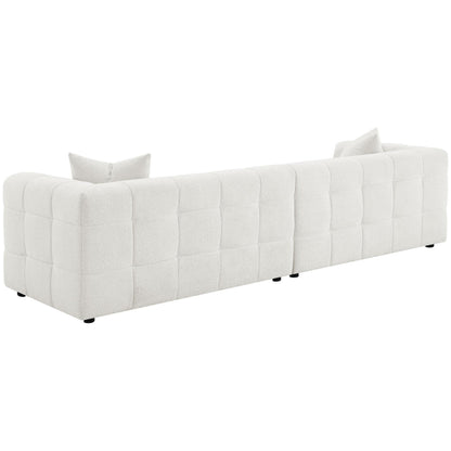 Canapé Lopo de 299 cm de long, tissu blanc cassé capitonné quadrillé, 2 coussins décoratifs