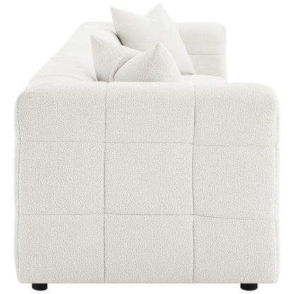 Canapé Lopo de 299 cm de long, tissu blanc cassé capitonné quadrillé, 2 coussins décoratifs