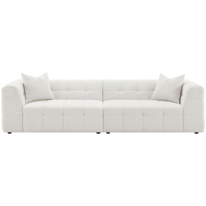 Canapé Lopo de 299 cm de long, tissu blanc cassé capitonné quadrillé, 2 coussins décoratifs