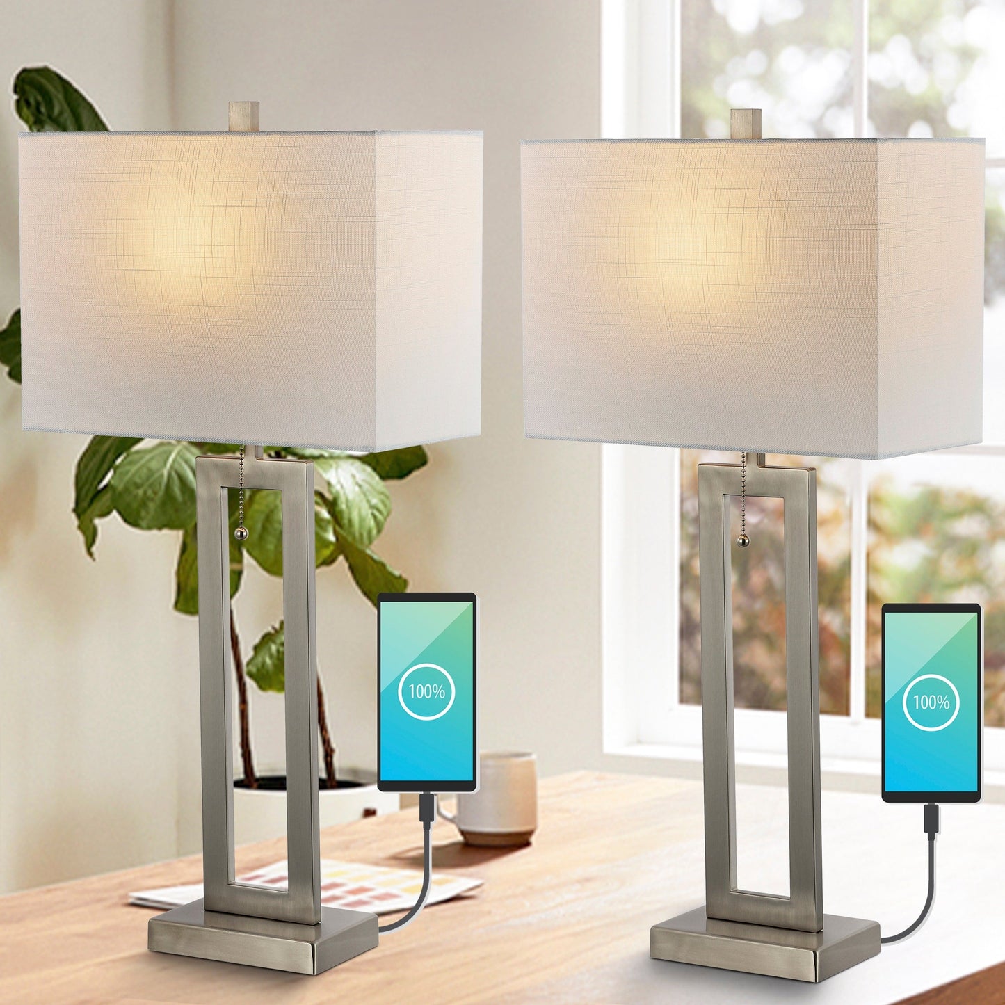 Lucie 28.5 Vintage Industrial Iron LED Table Lamp with Pull-Chain and USB Charging Port, (Set of 2) by JONATHAN Y
