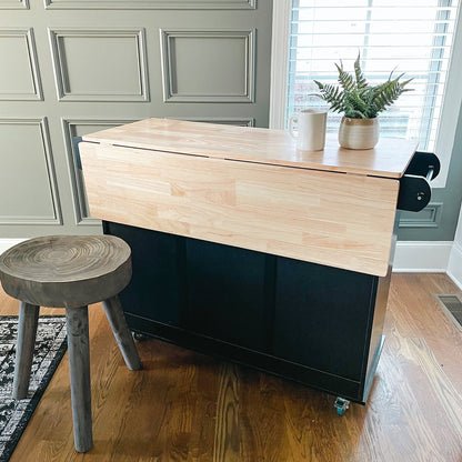 Sophia & William Kitchen Island Cart with Drop-Leaf and Rubber Wood Top, Rolling Kitchen Trolley Cart with Large Storage Cabinet