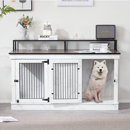 Mcombo Large Dog Crate Furniture TV Stand,Wooden Dog Kennel with Double Doors 1861