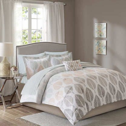 Madison Park Essentials Pelham Bay Coral/ Green Comforter Set with Cotton Bed Sheets