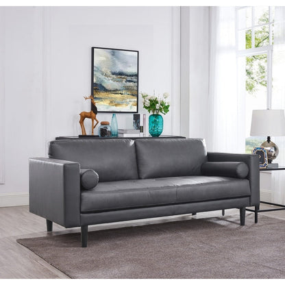 Canapé moderne en cuir véritable avec pieds en bois et coussin traversin supplémentaire