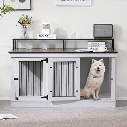 Mcombo Large Dog Crate Furniture TV Stand,Wooden Dog Kennel with Double Doors 1861