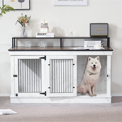Mcombo Large Dog Crate Furniture TV Stand,Wooden Dog Kennel with Double Doors 1861