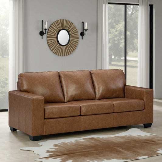 Canapé Miller, similicuir marron et cuir véritable, coussins moelleux, 85 pouces