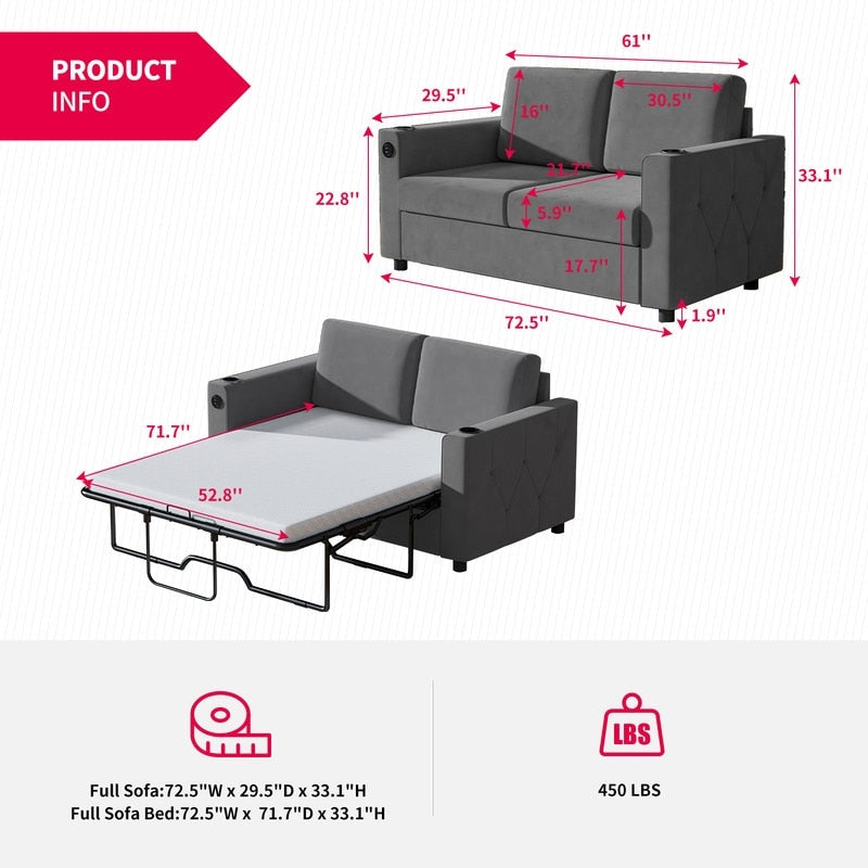 Canapé-lit gigogne Mixoy, canapé-lit avec matelas en mousse à mémoire de forme, porte-gobelet, port USB, canapé-lit gigogne