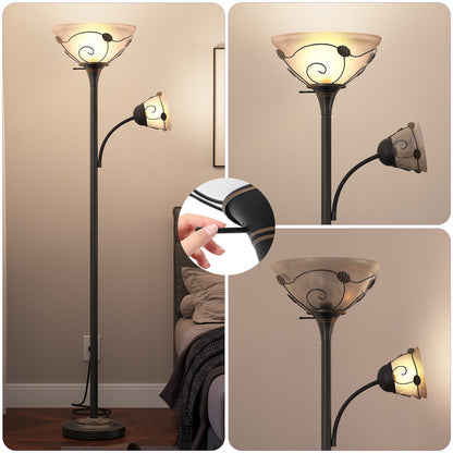 Moasis 71 Traditional Torchiere Floor Lamp with Adjustable Reading Light, Alabaster glass shades - 71H