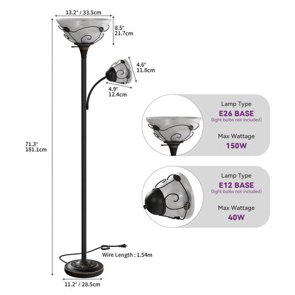 Moasis 71 Traditional Torchiere Floor Lamp with Adjustable Reading Light, Alabaster glass shades - 71H